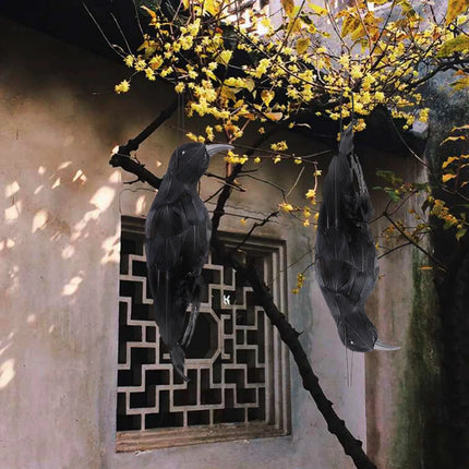Stimulated Realistic Hanging Crow Black Feathered Bird Halloween Bar Ornaments Scary Prop Outdoor Garden Yard Crow Prop Decor