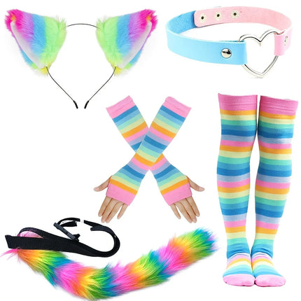 Role playing costume set with black and white stripes, furry tail, gloves and socks, acting props for Halloween