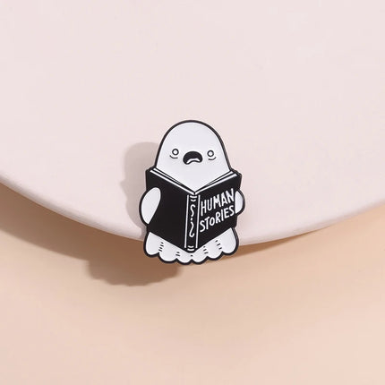 Cartoon Ghost Boo Enamel Pins Human Stories Book Creative Brooches Halloween Backpack Clothes Lapel Badge Gift for Kids Friends