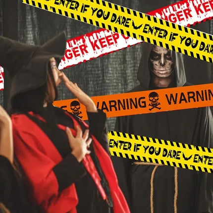 Halloween Danger Tape Yellow Red Barricade Line with Bold Caution Lettering for Horror Party Haunted House Scary Scene Decor
