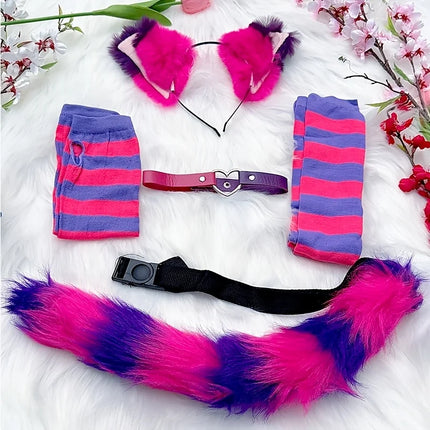 Role playing costume set with black and white stripes, furry tail, gloves and socks, acting props for Halloween