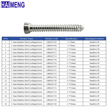 2.7mm SS Locking Screws, Mascotas Veterinary Orthopedics Implants, Surgical Instruments for Dogs, Pet Products, Dog Accessories